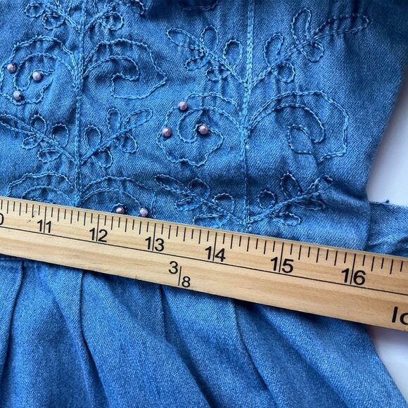 VTG Karin Steven Small Embroidered Denim Maxi Dress Peter Pan Collar Cottage - Picture 8 of 15
